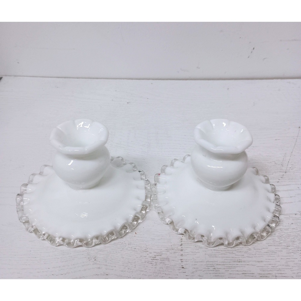 Vintage Fenton Milk Glass Silver Crest Candlestick Holder Pair White Ruffle